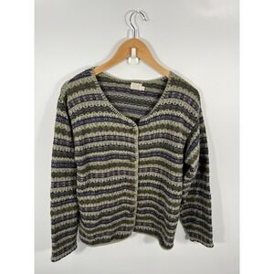 Alps Vintage Womens Chunky Knit Cardigan M Green Stripes Grandmacore Goblincore